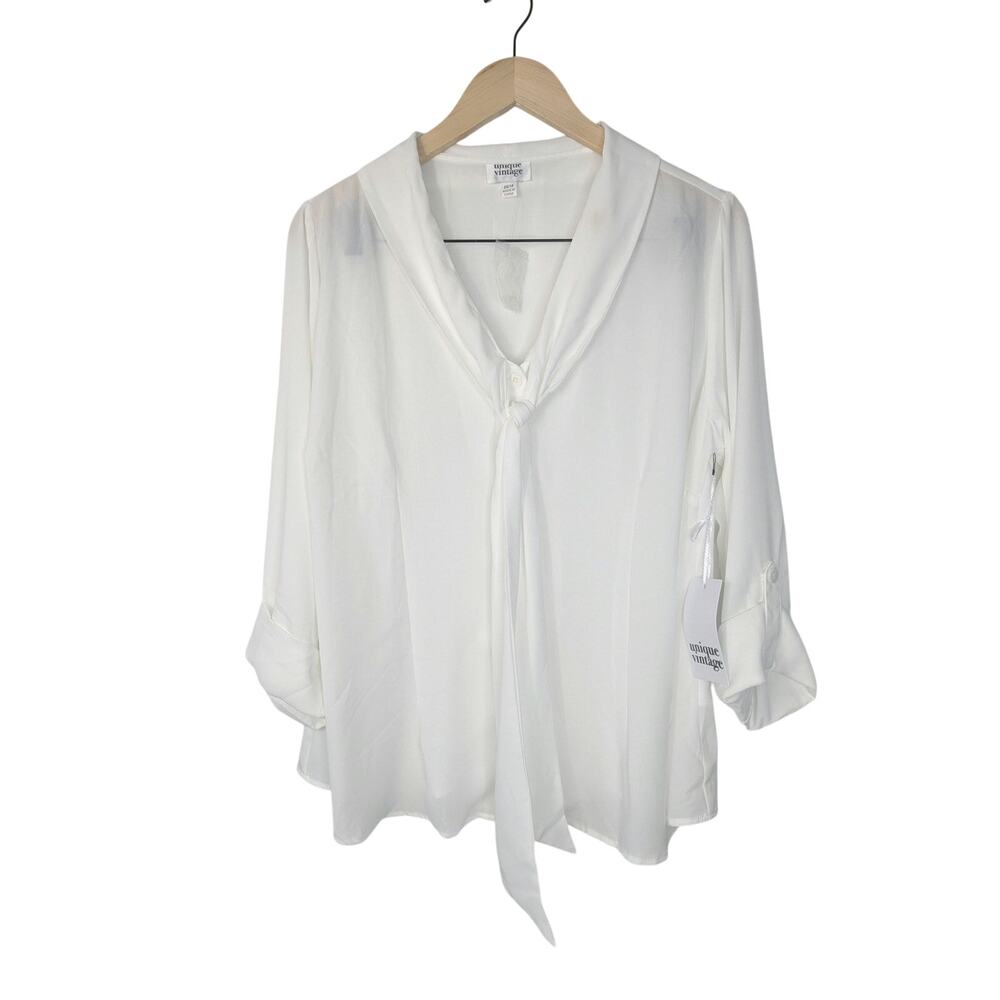 NWT Unique Vintage White Tie Neck Chiffon Roll Tab Sleeve Button Down Blouse